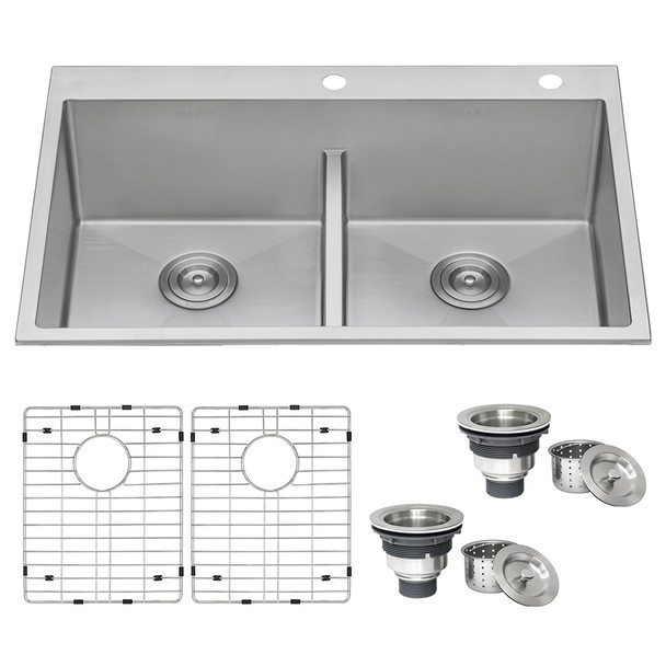 Ruvati 33 x 22 inch Drop-in 50/50 Double Bowl Rounded Corners 16 Gauge Topmount Stainless Steel Kitchen Sink - RVH8051