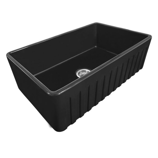 Ruvati 33 x 20 inch Fireclay Reversible Farmhouse Apron-Front Kitchen Sink Single Bowl - Glossy Black - RVL2300BK