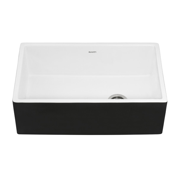 Ruvati Black and White 30-inch Fireclay Farmhouse Offset Drain Kitchen Sink Single Bowl - RVL4018RBW