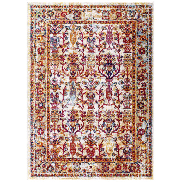 Modway Entourage Jessa Distressed Vintage Floral Lattice 5x8 Area Rug Ivory, Blue, Orange, Yellow, Red R-1170A-58