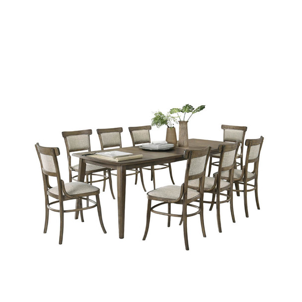 Lilola Home Bistro Vintage Walnut 9 Piece Dining Table with Extension Leaf and Off White Fabric Dining Chairs 30002-3
