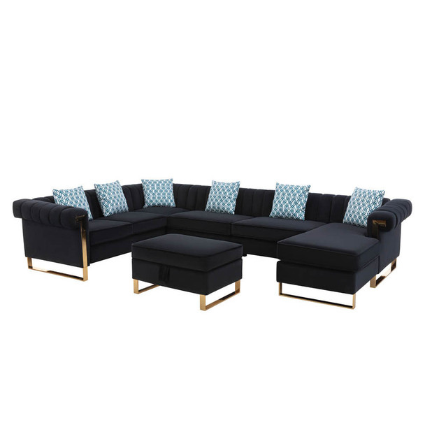 Lilola Home Maddie Black Velvet 7-Seater Sectional Sofa with Reversible Chaise and Storage Ottoman 89840BK-3

