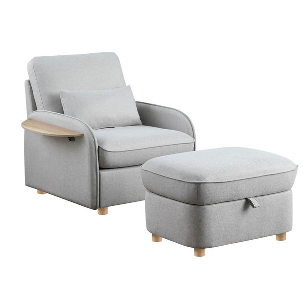 Lilola Home Huckleberry Light Gray Linen Accent Chair with Storage Ottoman and Folding Side Table 88859
