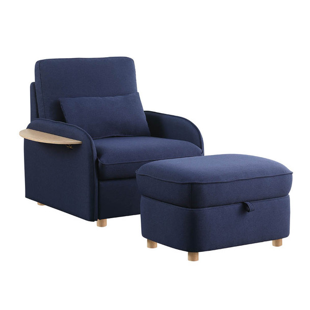 Lilola Home Huckleberry Blue Linen Accent Chair with Storage Ottoman and Folding Side Table 88861