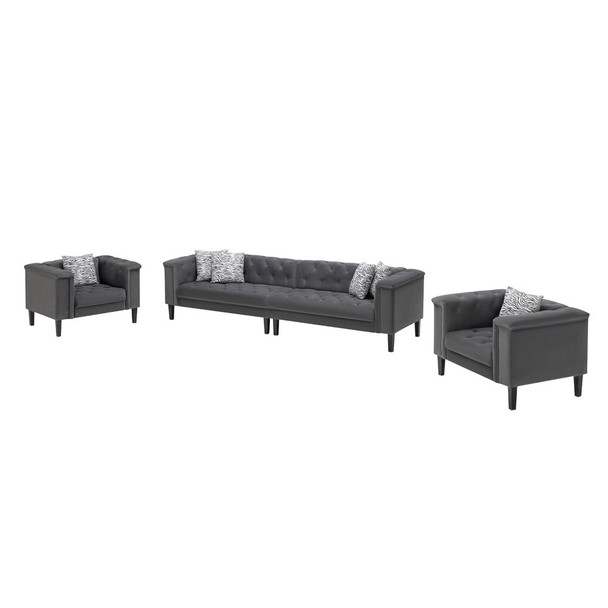 Lilola Home Mary Dark Gray Velvet Tufted Sofa 2 Chairs Living Room Set With 6 Accent Pillows 89223-SCC
