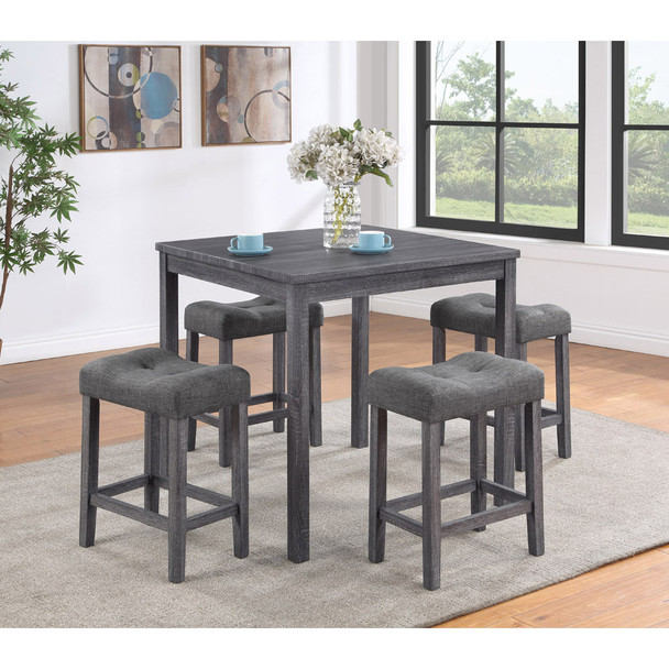 Lilola Home Lucian Gray 5 Piece Counter Height 36" Pub Table Set with Tufted Gray Linen Stools 30013
