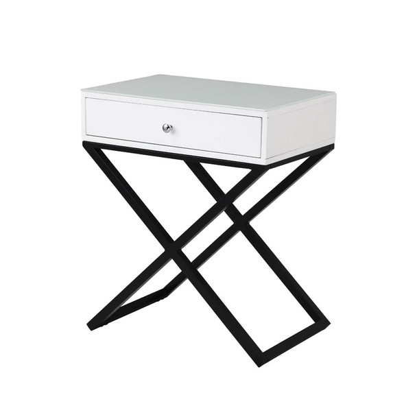 Lilola Home Koda White Wooden End Side Table Nightstand with Glass Top, Drawer and Metal Cross Base 98002WT
