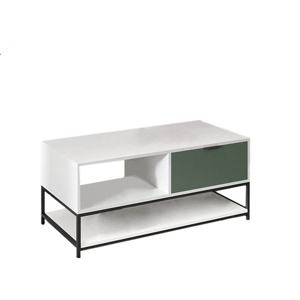 Lilola Home Watson White and Green Wood Coffee Table Steel Frame with Shelves and Drawer 52972
