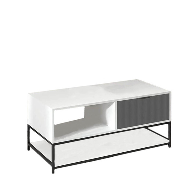 Lilola Home Watson White and Gray Wood Coffee Table Steel Frame with Shelves and Drawer 52973
