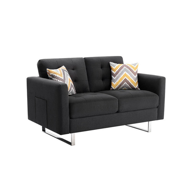 Lilola Home Victoria Dark Gray Linen Fabric Loveseat with Metal Legs, Side Pockets, and Pillows 88865-L

