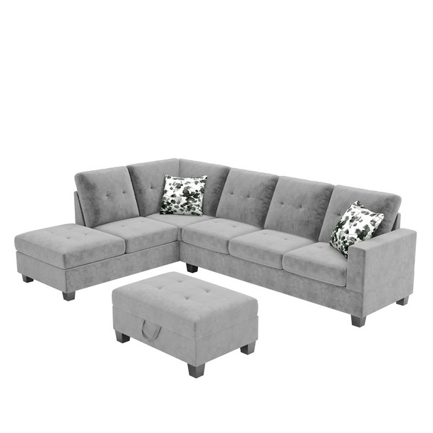 Lilola Home Remi Light Gray Velvet Reversible Sectional Sofa with Dropdown Table, Charging Ports, Cupholders, Storage Ottoman, and Pillows 87714
