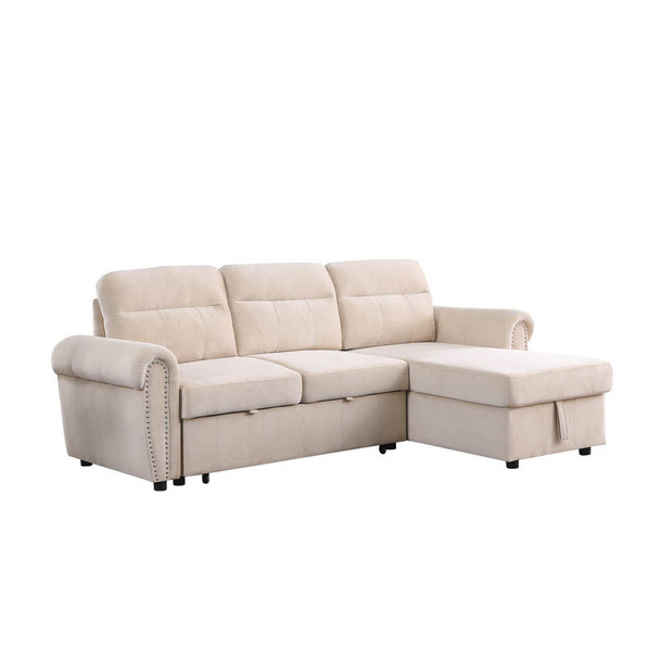 Lilola Home Ashton Beige Velvet Fabric Reversible Sleeper Sectional Sofa Chaise 87800BE
