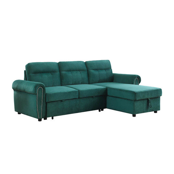Lilola Home Ashton Green Velvet Fabric Reversible Sleeper Sectional Sofa Chaise 87800GN
