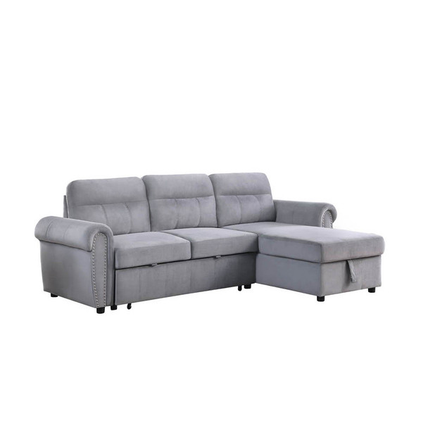 Lilola Home Ashton Gray Velvet Fabric Reversible Sleeper Sectional Sofa Chaise 87800GY
