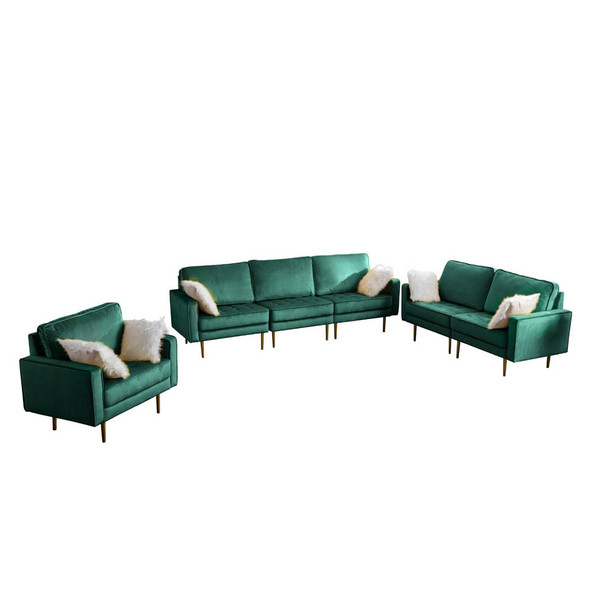 Lilola Home Theo Green Velvet Sofa Loveseat Chair Living Room Set with Pillows 81359GN
