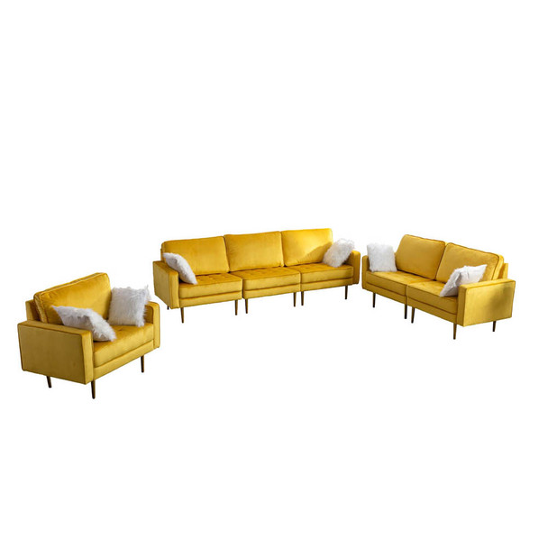 Lilola Home Theo Yellow Velvet Sofa Loveseat Chair Living Room Set with Pillows 81359YW
