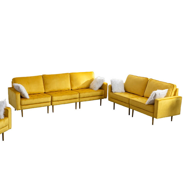 Lilola Home Theo Yellow Velvet Sofa Loveseat Living Room Set with Pillows 81359YW-SL
