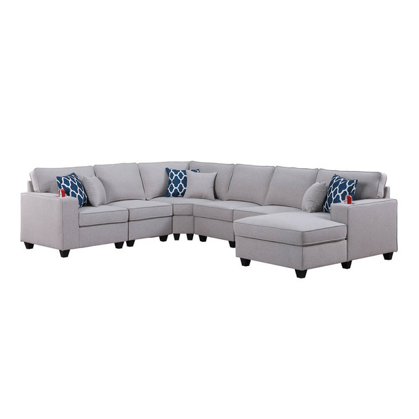 Lilola Home Cooper Light Gray Linen 6Pc Modular Sectional Sofa Chaise with Cupholder 89131-3
