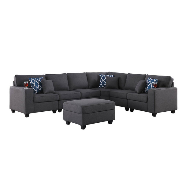 Lilola Home Cooper Dark Gray Linen 7Pc Reversible L-Shape Sectional Sofa with Ottoman and Cupholder 89132-2C
