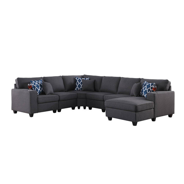 Lilola Home Cooper Dark Gray Linen 6Pc Modular Sectional Sofa Chaise with Cupholder 89132-3
