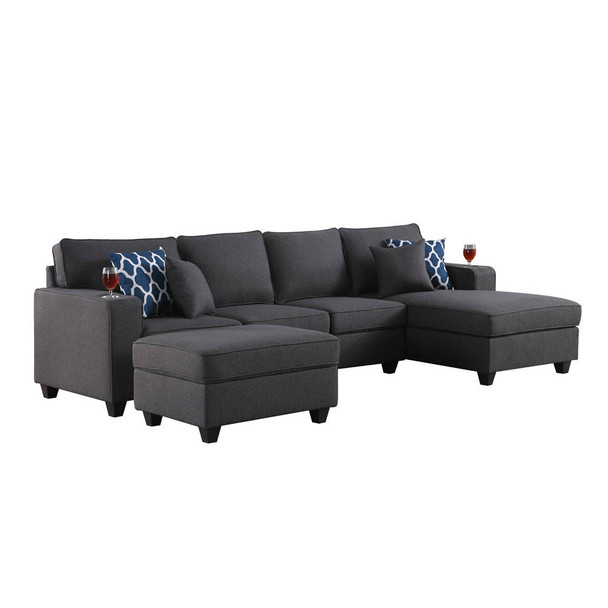 Lilola Home Cooper Dark Gray Linen 5Pc Sectional Sofa Chaise with Ottoman and Cupholder 89132-6B
