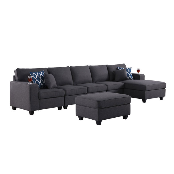 Lilola Home Cooper Dark Gray Linen 6Pc Sectional Sofa Chaise with Ottoman and Cupholder 89132-7B
