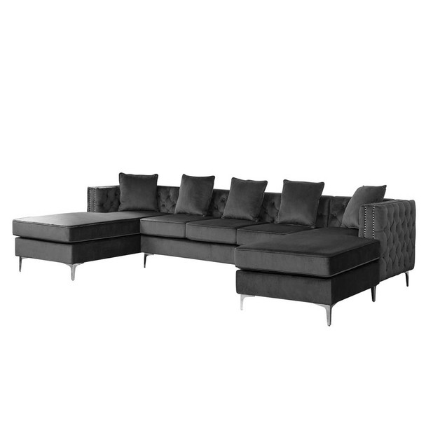 Lilola Home Ryan Dark Gray Velvet Double Chaise Sectional Sofa with Nail-Head Trim 87841