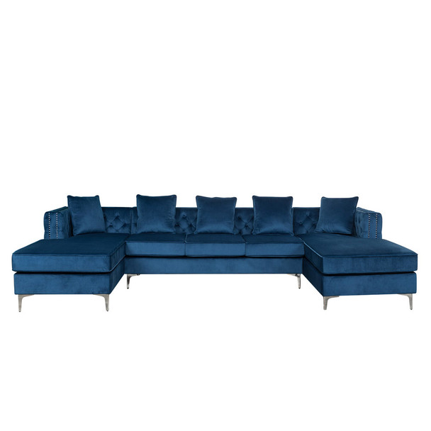 Lilola Home Ryan Deep Blue Velvet Double Chaise Sectional Sofa with Nail-Head Trim 87841BU