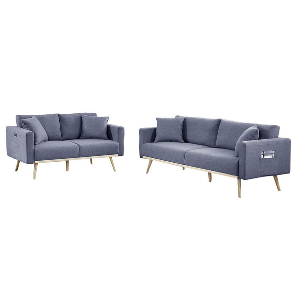 Lilola Home Easton Dark Gray Linen Fabric Sofa Loveseat Living Room Set with USB Charging Ports Pockets & Pillows 81370-SL
