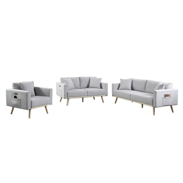 Lilola Home Easton Light Gray Linen Fabric Sofa Loveseat Chair Living Room Set with USB Charging Ports Pockets & Pillows 81370LG