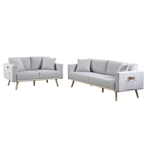 Lilola Home Easton Light Gray Linen Fabric Sofa Loveseat Living Room Set with USB Charging Ports Pockets & Pillows 81370LG-SL