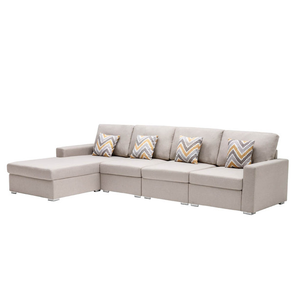 Lilola Home Nolan Beige Linen Fabric 4Pc Reversible Sectional Sofa Chaise with Pillows and Interchangeable Legs 89420-11A