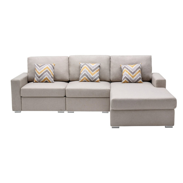 Lilola Home Nolan Beige Linen Fabric 3Pc Reversible Sectional Sofa Chaise with Pillows and Interchangeable Legs 89420-12B