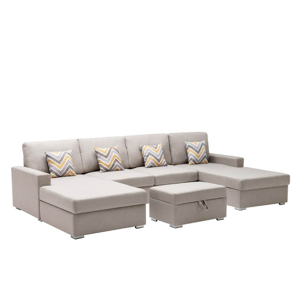 Lilola Home Nolan Beige Linen Fabric 5Pc Double Chaise Sectional Sofa with Interchangeable Legs, Storage Ottoman, and Pillows 89420-23