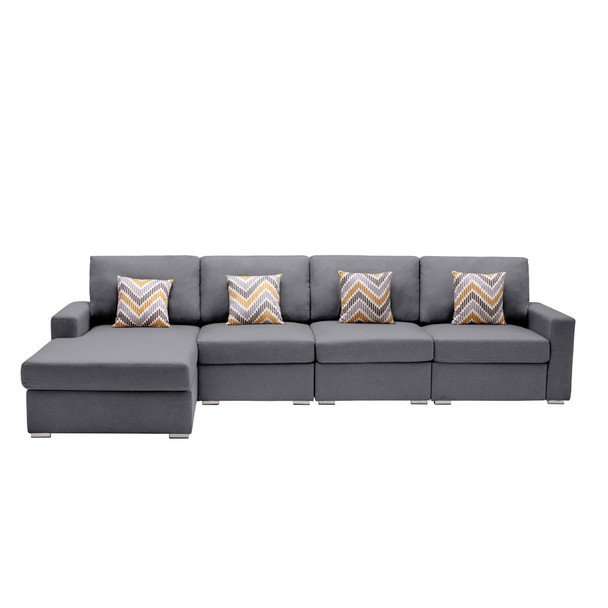 Lilola Home Nolan Gray Linen Fabric 4Pc Reversible Sectional Sofa Chaise with Pillows and Interchangeable Legs 89425-11A