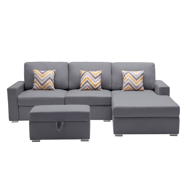 Lilola Home Nolan Gray Linen Fabric 4Pc Reversible Sofa Chaise with Interchangeable Legs, Storage Ottoman, and Pillows 89425-21B