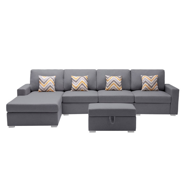 Lilola Home Nolan Gray Linen Fabric 5Pc Reversible Sofa Chaise with Interchangeable Legs, Storage Ottoman, and Pillows 89425-22A