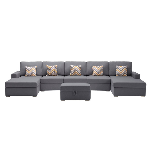 Lilola Home Nolan Gray Linen Fabric 6Pc Double Chaise Sectional Sofa with Interchangeable Legs, Storage Ottoman, and Pillows 89425-24