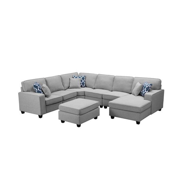 Lilola Home Brooke Light Gray Linen 7Pc Modular L-Shape Sectional Sofa Chaise and Ottoman 889120-1