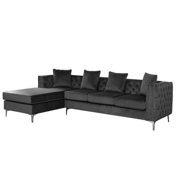 Lilola Home Ryan Dark Gray Velvet Reversible Sectional Sofa Chaise with Nail-Head Trim 87840