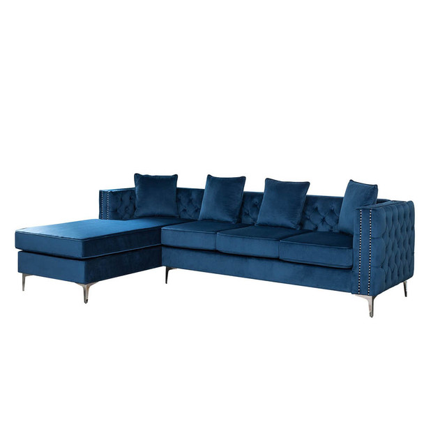 Lilola Home Ryan Deep Blue Velvet Reversible Sectional Sofa Chaise with Nail-Head Trim 87840BU