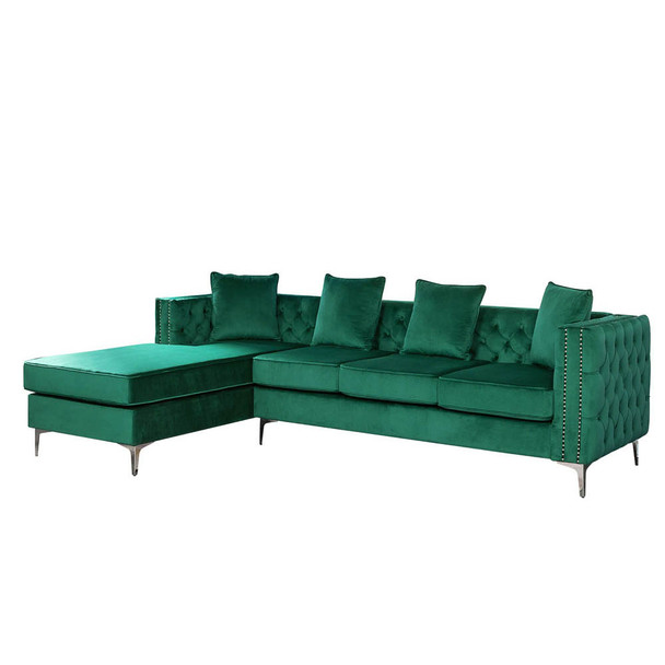Lilola Home Ryan Green Velvet Reversible Sectional Sofa Chaise with Nail-Head Trim 87840GN