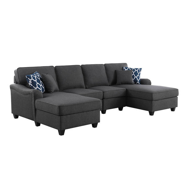 Lilola Home Leo Dark Gray Linen Double Chaise 4Pc Modular Sectional Sofa 89123-4