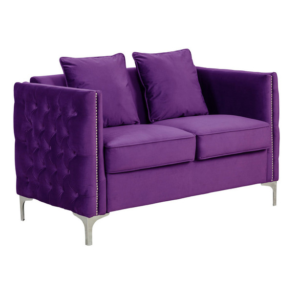 Lilola Home Bayberry Purple Velvet Loveseat with 2 Pillows 89634PE-L