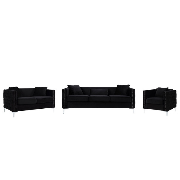 Lilola Home Bayberry Black Velvet Sofa Loveseat Chair Living Room Set 89634