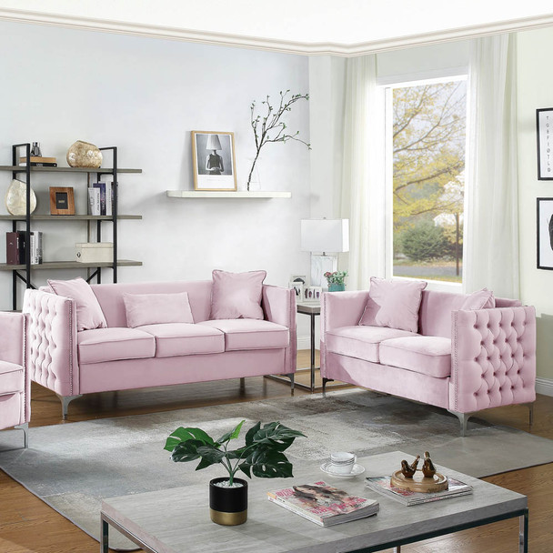 Lilola Home Bayberry Pink Velvet Sofa Loveseat Living Room Set 89634PK-SL