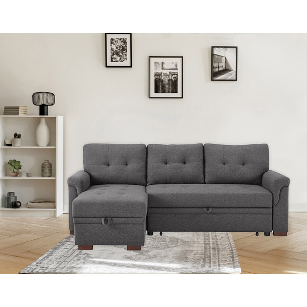 Lilola Home Sierra Dark Gray Linen Reversible Sleeper Sectional Sofa with Storage Chaise 781342