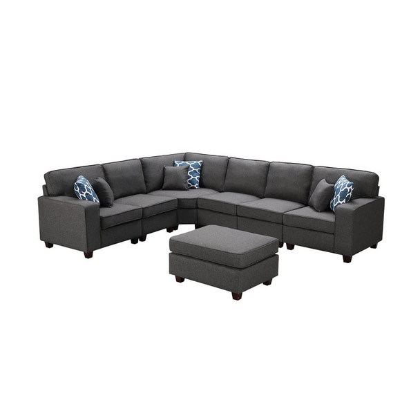 Lilola Home Casanova Dark Gray Linen 7Pc Modular Sectional Sofa and Ottoman 89122-2