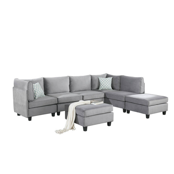 Lilola Home Zelmira Gray Velvet 7Pc Modular Sectional Sofa 88019-1