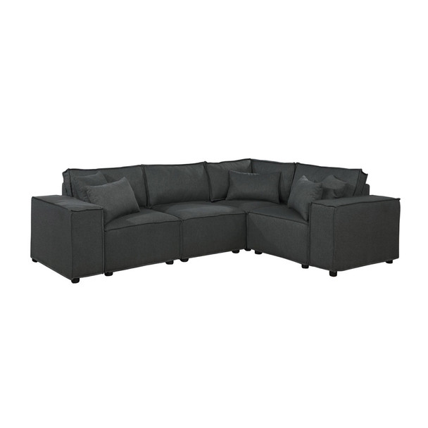 Lilola Home Melrose Modular Sectional Sofa with Ottoman in Dark Gray Linen 89117-4
